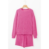 Strawberry Pink Corded Textured Long Sleeve Top and Shorts Set - L thumbnail