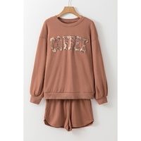 Straw Yellow Sequined COFFEE Loose Fit Sweatshirt and Shorts Set - M thumbnail