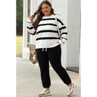 Black Stripe Drop Shoulder Pullover and Jogger Pants Set - M thumbnail