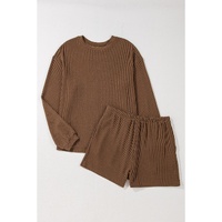 Chestnut Corded Knit Long Sleeve Top and High Waist Shorts Set - XL thumbnail