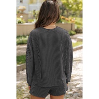 Carbon Grey Corded Knit Long Sleeve Top and High Waist Shorts Set - M thumbnail