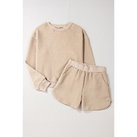 Parchment Solid Color Quilted Long Sleeve Top and Shorts Set - S thumbnail