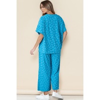 Blue Leopard Jacquard Short Sleeve Top and Wide Leg Pants Set - S thumbnail