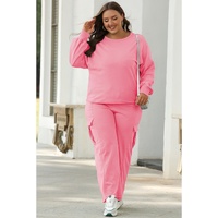 Sachet Pink Solid Color Patchwork Pullover Top and Cargo Pants Set - 3XL thumbnail
