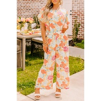 Orange Vibrant Floral Printed Short Sleeve Top 2 Piece Pants Set - XL thumbnail