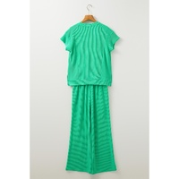 Bright Green Solid Corded Knit Short Sleeve T Shirt and Wide Leg Pants Set - M thumbnail