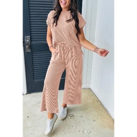 Smoke Gray Solid Corded Knit Short Sleeve T Shirt and Wide Leg Pants Set - XL thumbnail