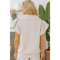 Apricot Textured Ruffled Sleeve Zipped Top and Wide Leg Pants Set - S thumbnail