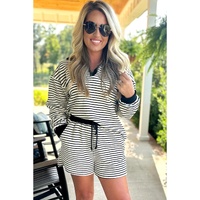 Black Stripe Collared Long Sleeve Top and Drawstring Shorts Set - XL thumbnail