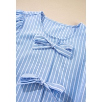 Sky Blue Striped Bowknot Detail Puffy Sleeve Top and Shorts 2Pcs Set - XL thumbnail
