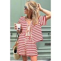 Red Stripe Lace-up Front Top and High Waist Shorts Set - S thumbnail