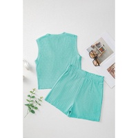 Mint Green Ribbed Button V Neck Tank Top and Shorts Set - M thumbnail