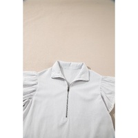 Gray Stripe Zipped up Collar Ruffled Sleeve Tee and Wide Leg Pants 2pcs Outfit - M thumbnail