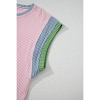 Pink Corded Colorblock Patchwork Short Sleeve Top and Loose Pants Set - M thumbnail