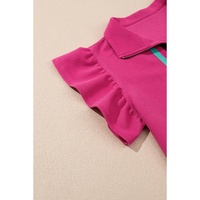 Strawberry Pink Striped Detail Flutter Sleeve Zipped Collar Short Set - L thumbnail