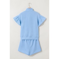 Beau Blue Ribbed Texture Half Zip Ruffled Short Sleeve Top and Shorts Set - L thumbnail