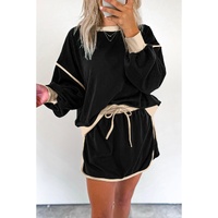Black Color Contrast Loose Pullover and Lace-up Waist Skort Set - M thumbnail