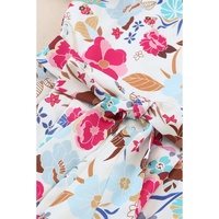 White Floral Single Bubble Sleeve Slant Shoulder Romper - L thumbnail
