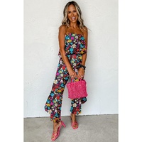 Red Mix Tropical Print Strapless Ruffled Jumpsuit - S thumbnail