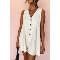 Beige Sleeveless V Neck Buttoned Front Chest Pocket Romper - L thumbnail