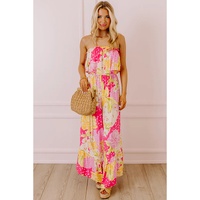Multicolour Floral Print Ruffled High Waist Tube Top Loose Jumpsuit - L thumbnail
