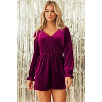 Red Dahlia Velvet Surplice Neck Ruffled Sleeve High Waist Romper - S thumbnail