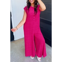 Bright Pink Terry Textured Sleeveless Button Front Wide Leg Jumpsuit - M thumbnail