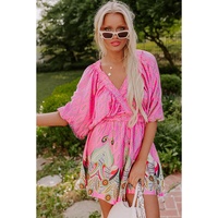 Pink Paisley Geometric Print V Neck High Waist Romper - L thumbnail