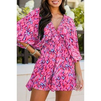 Pink Abstract Print Puff Sleeve V Neck High Waist Romper - L thumbnail