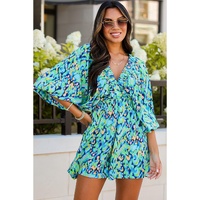 Green Abstract Print Puff Sleeve V Neck High Waist Romper - M thumbnail