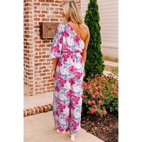 Pink Floral Print Asymmetrical Neckline Single Shoulder Drape Sleeve Belted Jumpsuit - L thumbnail