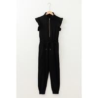 Black Zipper Flutter Sleeve Drawstring High Waist Jumpsuit - S thumbnail