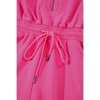 Rose Red Textured Short Sleeve Half Zip Drawstring Waist Romper - L thumbnail