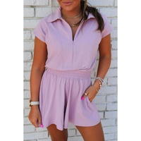 Orchid Bouquet Short Sleeve Zipper Collared Elastic High Waist Romper - S thumbnail