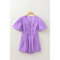 Wisteria Bow Decor Front V Neck Puff Sleeve Romper - L thumbnail