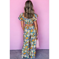 Yellow Floral Allover Print Shirred Cut Out High Waist Jumpsuit - L thumbnail