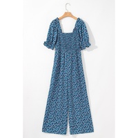 Blue Vintage Boho Floral Smocked Short Puff Sleeve Wide Leg Jumpsuit - L thumbnail