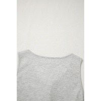 Light Grey Waffle Knit Sleeveless Buttoned Front Drawstring Waist Romper - L thumbnail
