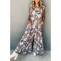 Sky Blue Floral Sleeveless Buttoned Pocketed Wide Leg Jumpsuit - L thumbnail