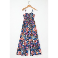Pink Floral Smocked Bust Spaghetti Straps Wide Leg Jumpsuit - L thumbnail