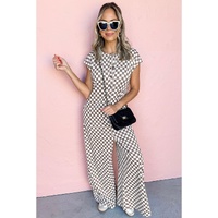 Khaki Checkered Print Buttoned Crew Neck Wide Leg Jumpsuit - L thumbnail