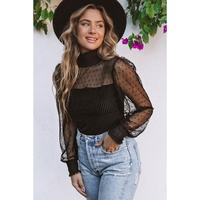 Black Sheer Dotty Long Sleeve Ribbed Velvet Bodysuit - M thumbnail