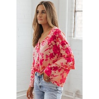 Pink Floral Print Tiered Bell Long Sleeve Buttoned Bodysuit - L thumbnail