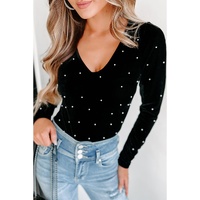 Black Velvet Beaded Long Sleeve V Neck Bodysuit - S thumbnail