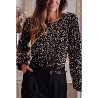 Black Deep V Back Sequin Puff Sleeve Bodysuit - M thumbnail