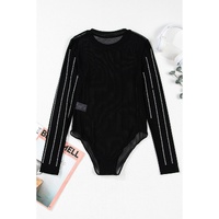 Black Rhinestone Decor Striped Mesh Long Sleeve Bodysuit - XL thumbnail