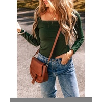 Blackish Green Solid Color Square Neck Long Sleeve Slim Fit Bodysuit - S thumbnail