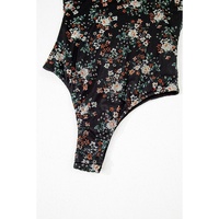 Black Floral Print U Neck Short Puff Sleeve Bodysuit - XL thumbnail