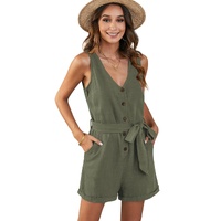 Green Button V Neck Romper with Belt - S thumbnail