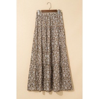 Brown Western Floral Print Ruffled Hem High Waist Loose Maxi Skirt - L thumbnail